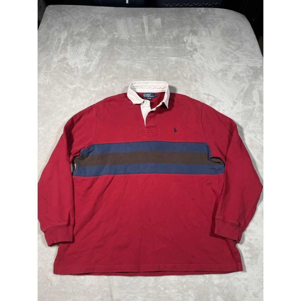 Vintage Polo Ralph Lauren Rugby Shirt Size Large Red Blue Black Stripes Preppy